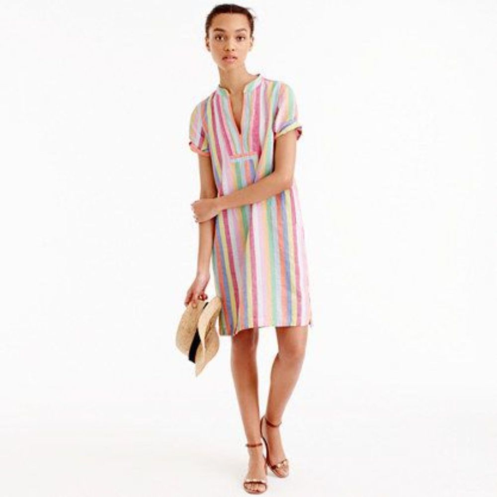 J. Crew Rainbow Candy Stripe Linen Blend Tunic Shirt Dress Sz M Multi-Colored